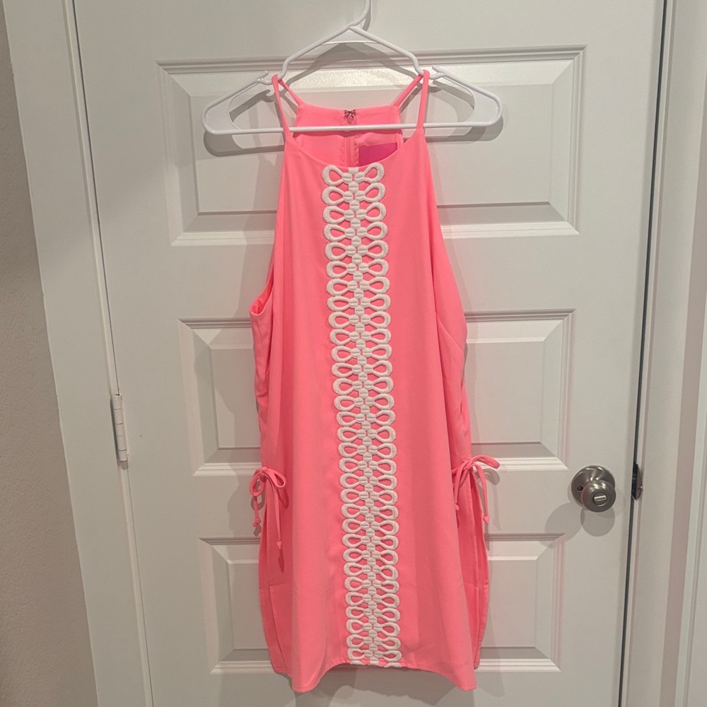 Lilly Pulitzer Pink Halter Romper with White Lace Trim